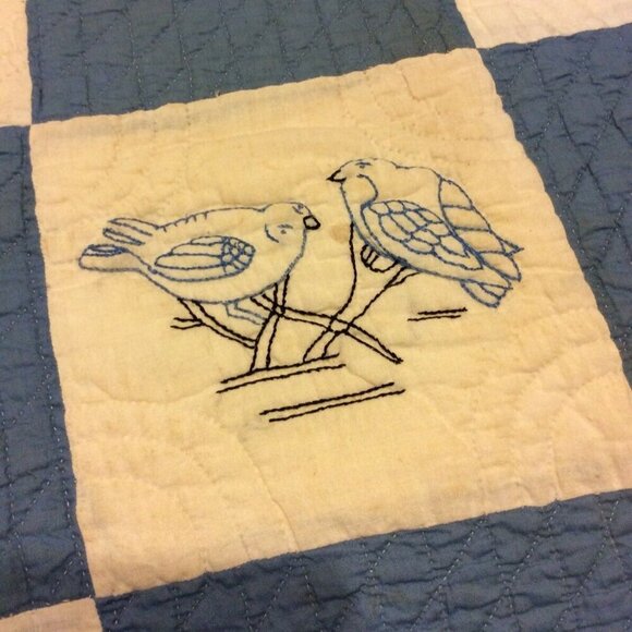 Handmade Four Patch Squares Quilt Embroidered Love Birds Blue White STAINED - Picture 12 of 12